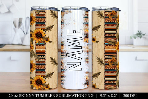 Sunflower & Serape Tumbler Wrap - Western Skinny Tumbler PNG Sublimation BijouBay 
