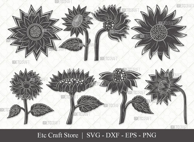 Sunflower Silhouette SVG Cut Files | Sunflower Bundle | Sunflower Silhouette | Sunflower Outline | Vector Cutting files | Floral SVG | Eps | Dxf | Png | SVG ETC Craft 