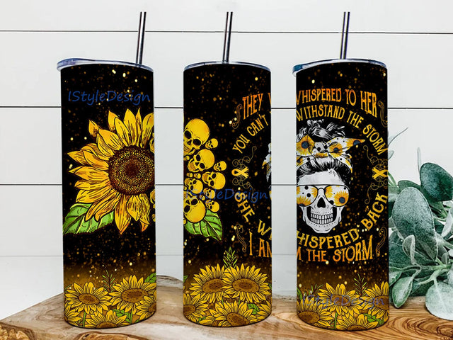 Sunflower Skull 20oz Skinny Tumbler Png, Sunflower Floral, She Whispered Back I Am The Storm, Hippie Girl Skull Lover Gifts, Sublimation Tumbler Sublimation iStyleDesign 