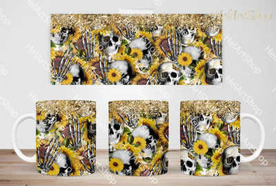 Sunflower Skull Mug PNG | Halloween Mug Wrap Sublimation _HelArtShop_ 