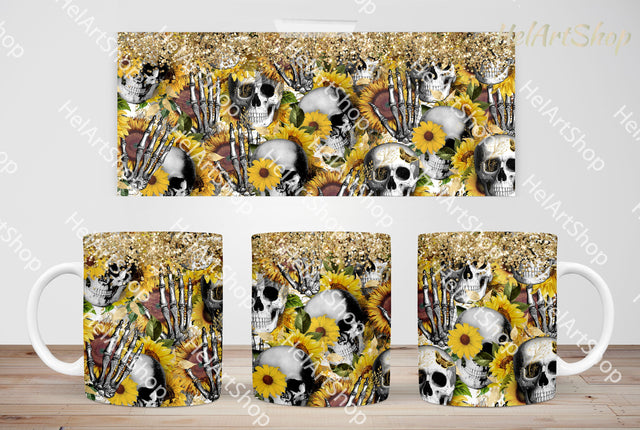 Sunflower Skull Mug PNG | Halloween Mug Wrap Sublimation _HelArtShop_ 