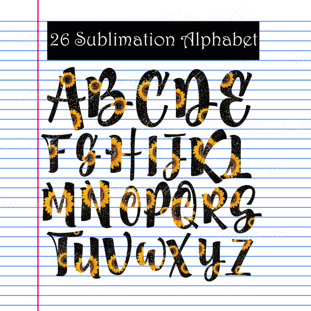 Sunflower Sublimation Alphabet,Alphabet Doodle Font,Letters Monogram,glitter Alphabet ClipArt Letters A-Z,Printable & Resizable,Alphapack Font ArtStudio 