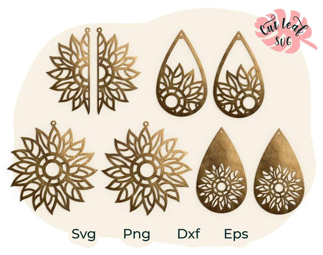 Sunflower svg, Earring svg, Floral svg, Sunflower earrings, Earrings svg, Leather earring svg, Earring cut file, Teardrop earrings svg SVG CutLeafSvg 