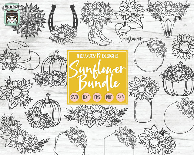Sunflower SVG Files, Flower SVG, Sunflower Bundle svg, Floral Cut File, Sunflower Border SVG, Sunflower Frame SVG, Cow Skull SVG, Pumpkin Cut File, Cowboy Boots SVG SVG Wild Pilot 