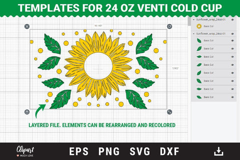 Sunflower SVG Full Wrap Venti Cold Cup 24 Oz, Pre-Sized Full Wrap SVG ClipartMuchLove 