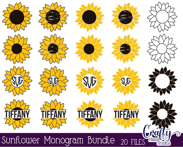 Sunflower Svg, Sunflower Monogram Frame, Split Sunflower Svg SVG Crafty Mama Studios 