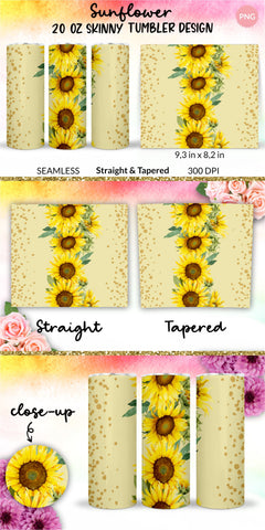 Sunflower tumbler, Flower tumbler, Floral tumbler, Watercolor tumbler, Wrap Design Sublimation Bundle for 20 Oz Skinny Tumbler Straight and Tapered PNG Sublimation KatineDesign 