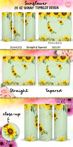 Sunflower tumbler, Flower tumbler, Floral tumbler, Watercolor tumbler, Wrap Design Sublimation Bundle for 20 Oz Skinny Tumbler Straight and Tapered PNG Sublimation KatineDesign 