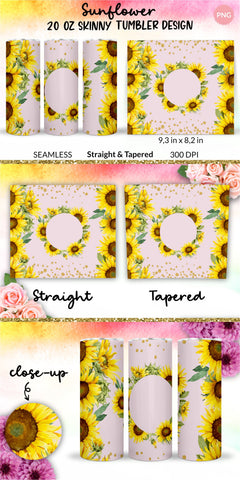 Sunflower tumbler, Flower tumbler, Floral tumbler, Watercolor tumbler, Wrap Design Sublimation Bundle for 20 Oz Skinny Tumbler Straight and Tapered PNG Sublimation KatineDesign 
