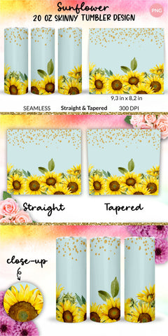 Sunflower tumbler, Flower tumbler, Floral tumbler, Watercolor tumbler, Wrap Design Sublimation Bundle for 20 Oz Skinny Tumbler Straight and Tapered PNG Sublimation KatineDesign 