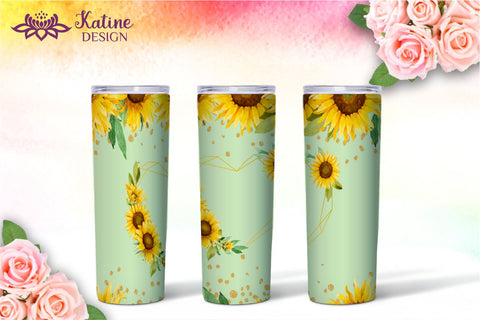 Sunflower tumbler, Flower tumbler, Floral tumbler, Watercolor tumbler, Yellow, Orange, Pink, Blue, Green Wrap Design Sublimation Bundle for 20 Oz Skinny Tumbler Straight and Tapered PNG Sublimation KatineDesign 