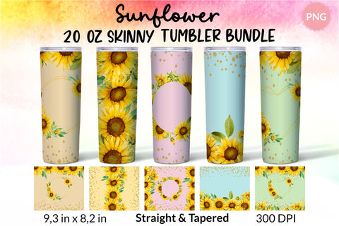 Sunflower tumbler, Flower tumbler, Floral tumbler, Watercolor tumbler, Yellow, Orange, Pink, Blue, Green Wrap Design Sublimation Bundle for 20 Oz Skinny Tumbler Straight and Tapered PNG Sublimation KatineDesign 