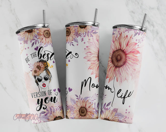 Sunflower Tumbler Mom Life, 20oz Skinny Tumbler Wrap Design Straight & Tapered Funny Tumbler Png Sublimation CaldwellArt 