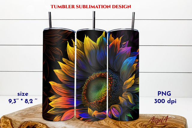 Sunflower tumbler wrap. Rainbow sunflower tumbler design png Sublimation Angelina Semenova 