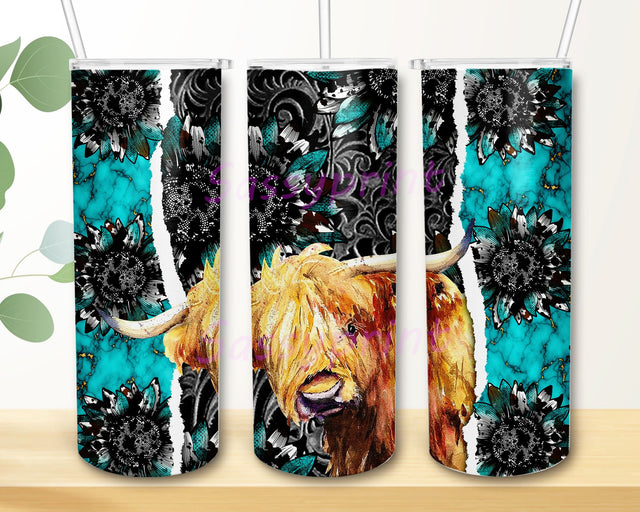 Sunflower Turquoise Highland Bull Wrap, 20oz Skinny Tumbler Sublimation Designs, Highland Cow Tumbler Wrap PNG Sublimation sassyprint 