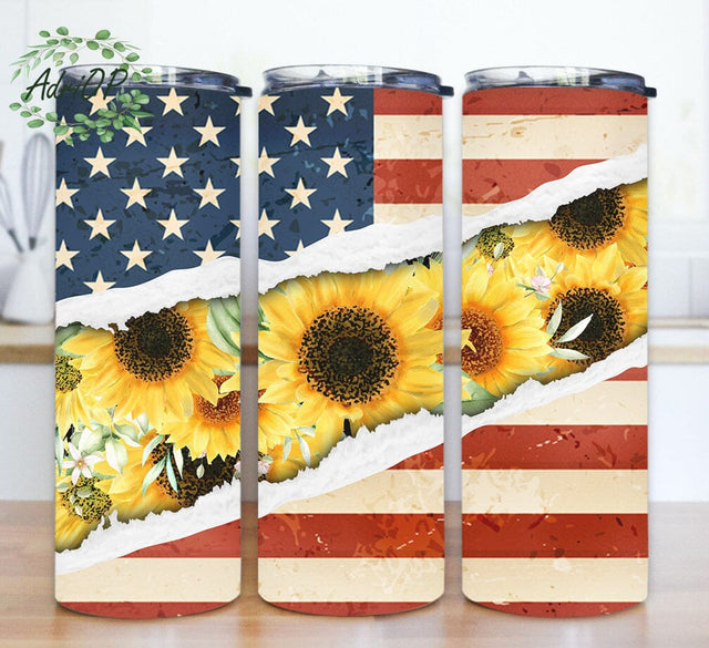 Sunflower USA Flag Tumbler Wrap, Sunflower 20oz Skinny Tumbler, Floral 4th of July Tumbler Png, Patriotic Sunflower Tumbler Design, Instant Download Sublimation AdriOP 