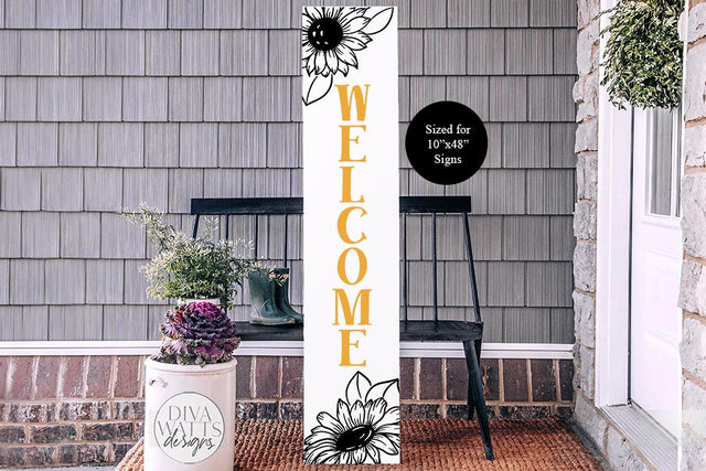 Sunflower Welcome Vertical SVG | Farmhouse Porch Sign | DXF and More SVG Diva Watts Designs 