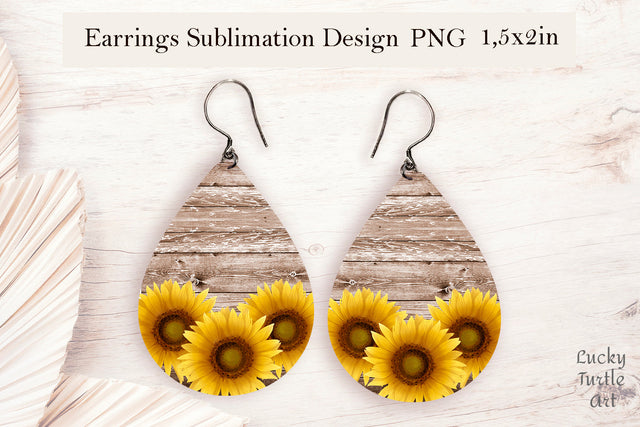 Sunflower wood background teardrop sublimation earrings design Sublimation LuckyTurtleArt 