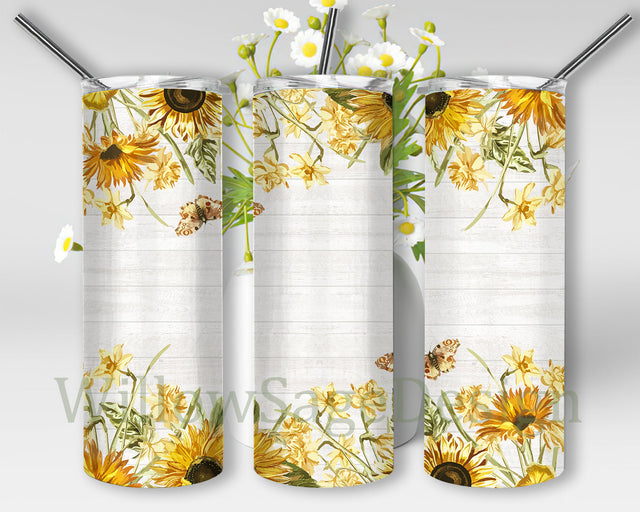 Sunflower Wood Full Tumbler Wrap, Watercolor Sunflower 20oz Skinny Tumbler, Butterfly Design Png, Sunflower Sublimation Design, Instant Download Sublimation WillowSageDesign 