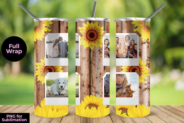 Sunflower & Wood Photo Frame 20oz Skinny Tumbler Wrap Template Sublimation Sublimatiz Designs 