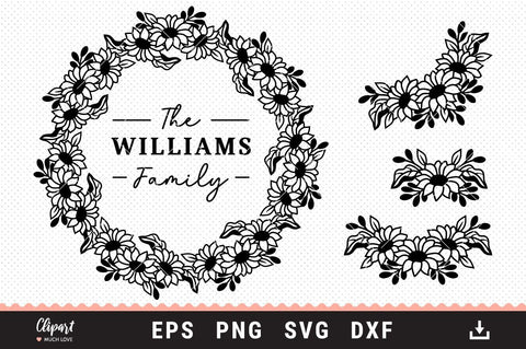 Sunflower wreath SVG, Last name SVG, Flower border & corner SVG, DXF, PNG SVG ClipartMuchLove 