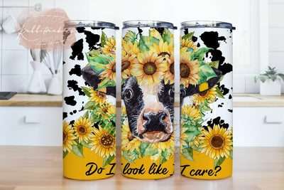 Sunflower Yellow Western Tumbler Wrap PNG, Cowhide Tumbler PNG, Do I Look Like I Care 20 oz Skinny Tumbler Design Sublimation Rabbitmakies 