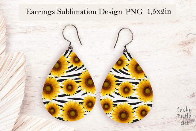 Sunflower zebra print background teardrop sublimation earrings design Sublimation LuckyTurtleArt 
