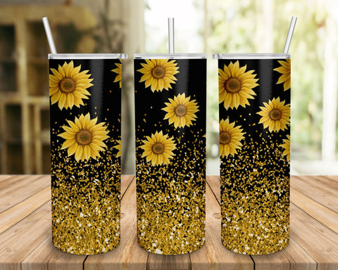 Sunflowers 20 oz Skinny Tumbler, Gold Glitter Sunflower Sublimation Tumbler Design Digital Download PNG Sublimation BOO-design 