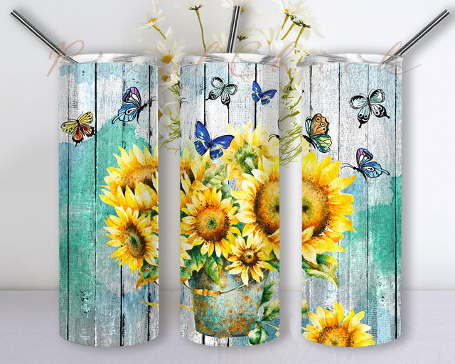 Sunflowers and Butterflies Tumbler Design, 20oz Skinny Tumbler Sublimation Wrap Seamless Designs for Straight and Tapered Tumbler Sublimation PixelChick 