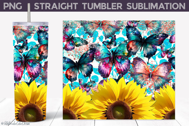 Sunflowers And Butterfly Tumbler Sublimation WatercolorColorDream 