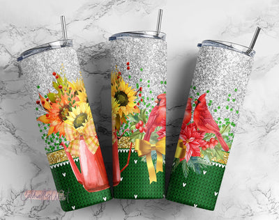 Sunflowers And Red Cardinals Christmas 20oz Tumbler PNG Wrap Sublimation CaldwellArt 