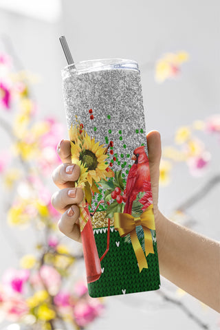 Sunflowers And Red Cardinals Christmas 20oz Tumbler PNG Wrap Sublimation CaldwellArt 
