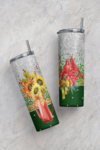 Sunflowers And Red Cardinals Christmas 20oz Tumbler PNG Wrap Sublimation CaldwellArt 
