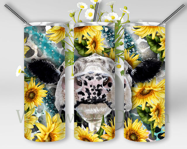 Sunflowers Cow Full Tumbler Wrap, Cow 20oz Skinny Tumbler, Sunflowers Tumbler Png, Cow Sublimation Design for Straight, Digital Download Sublimation WillowSageDesign 