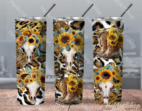 Sunflowers Cow Skull Tumbler PNG Sublimation, Skinny Tumbler Sublimation _HelArtShop_ 
