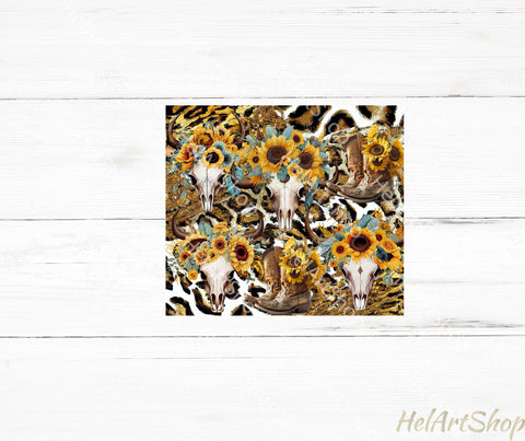 Sunflowers Cow Skull Tumbler PNG Sublimation, Skinny Tumbler Sublimation _HelArtShop_ 