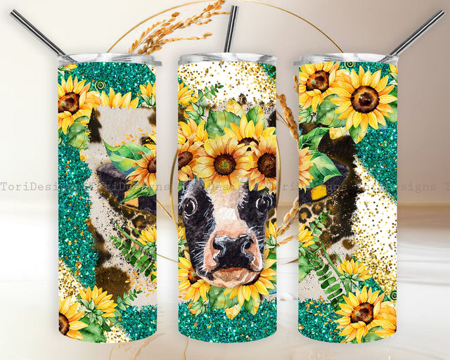 Sunflowers Cow Tumbler Design Digital Download PNG Sublimation ToriDesigns 