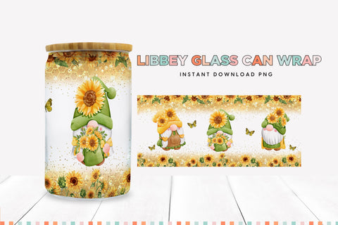 Sunflowers, Gnomes & Butterflies 16 oz Glass Can Wrap PNG Sublimation BijouBay 