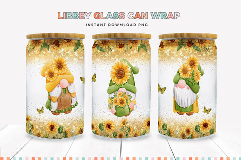 Sunflowers, Gnomes & Butterflies 16 oz Glass Can Wrap PNG Sublimation BijouBay 