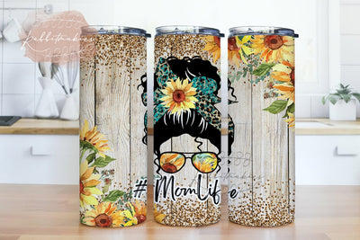 Sunflowers Mom Life Messy Bun Hair Sublimation Tumbler Design 20 oz Skinny Tumbler Wrap, Momlife leopard Tumbler, Instant Download Sublimation Rabbitmakies 