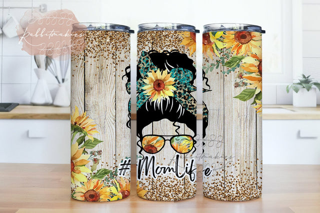 Sunflowers Mom Life Messy Bun Hair Sublimation Tumbler Design 20 oz Skinny Tumbler Wrap, Momlife leopard Tumbler, Instant Download Sublimation Rabbitmakies 