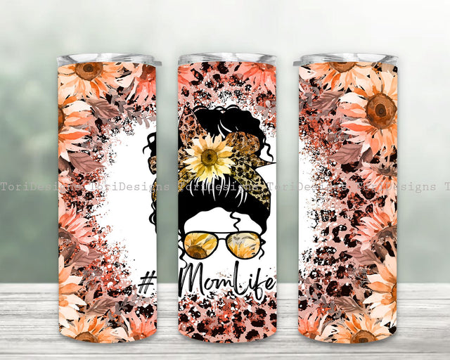 Sunflowers Mom Life Messy Bun Hair Sublimation Tumbler Design 20 oz Skinny Tumbler Wrap, Momlife leopard Tumbler, Instant Download Sublimation ToriDesigns 