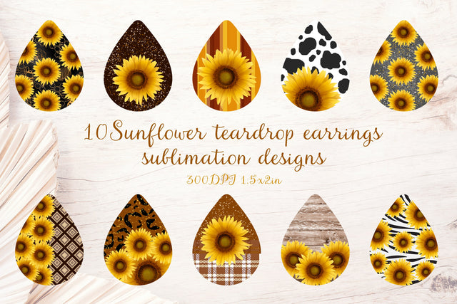 Sunflowers teardrop sublimation earrings design bundle Sublimation LuckyTurtleArt 