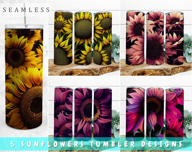 Sunflowers Tumbler Sublimation Designs Bundle, 20 Oz Skinny Tumbler Sunflower Designs, Hot Pink Sunflower Tumbler PNG, 5 Seamless Designs Sublimation HappyDesignStudio 
