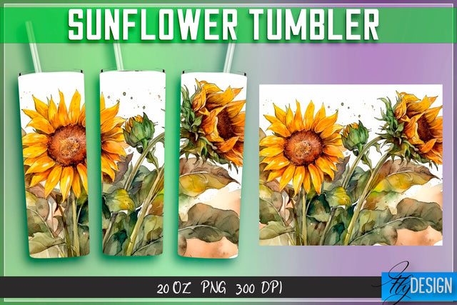 Sunflowers Tumblers Wrap 20 oz v.2 Sublimation Fly Design 