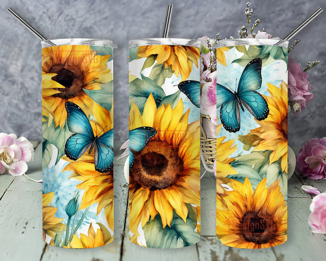 Sunflowers Turquoise Gemstones 20oz Skinny Tumbler Sublimation Design, Sunflower Butterfly Tumbler, Sunflower Turquoise Gemstone Tumbler Png, Sunflower Tumbler Sublimation DesignSVG 