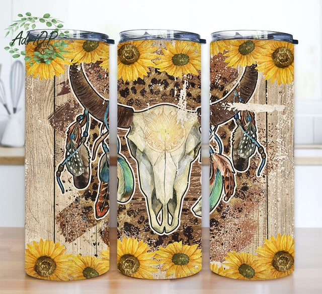 Sunflowers Western Tumbler Design Cowgirl Bull Cow Skull Seamless Country Sublimation Designs Downloads - Skinny 20oz Sublimation AdriOP 