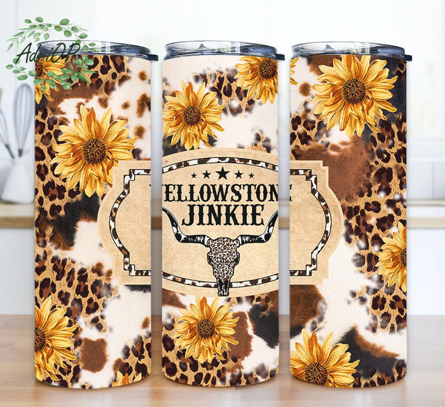 Sunflowers Yellowstone 20oz Skinny Tumbler Png, Leopard Tumbler, Sunflower And Leopard Print Cow Tumbler Png, Leopard Sunflower Cowhide Tumbler Sublimation AdriOP 