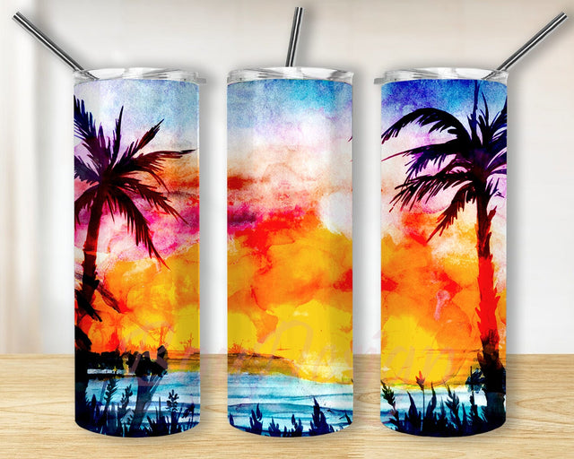 Sunset At The Beach 20oz Skinny Tumbler Png, Alcohol Ink Ocean Palms Summer Tumbler, Beach Summer Png, Summer Vibes Sublimation Tumbler Sublimation BouDesign 