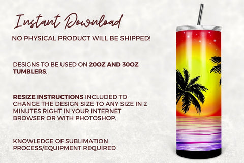 Sunset Beach 20oz Skinny Tumbler Sublimation Designs, Seamless Tapered & Straight Template Digital Download PNG Sublimation TumblersByPhill 